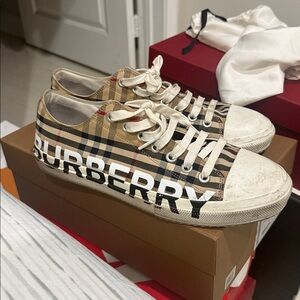 Burberry Beige and Black Check Sneakers